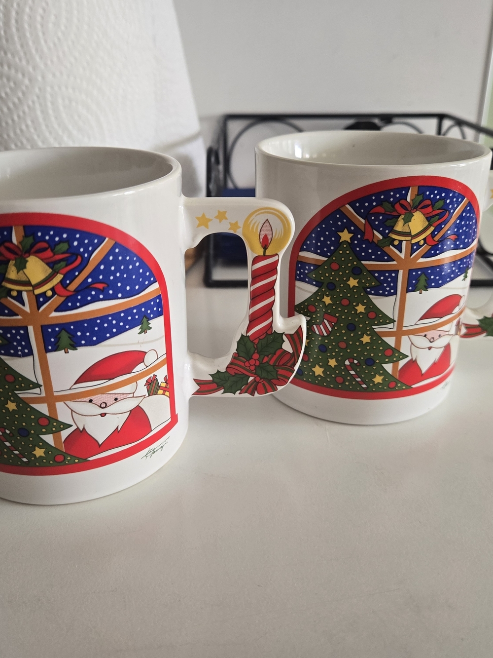 Vintage Christmas Santa Claus Tree Bells Candle Mugs SET OF 2